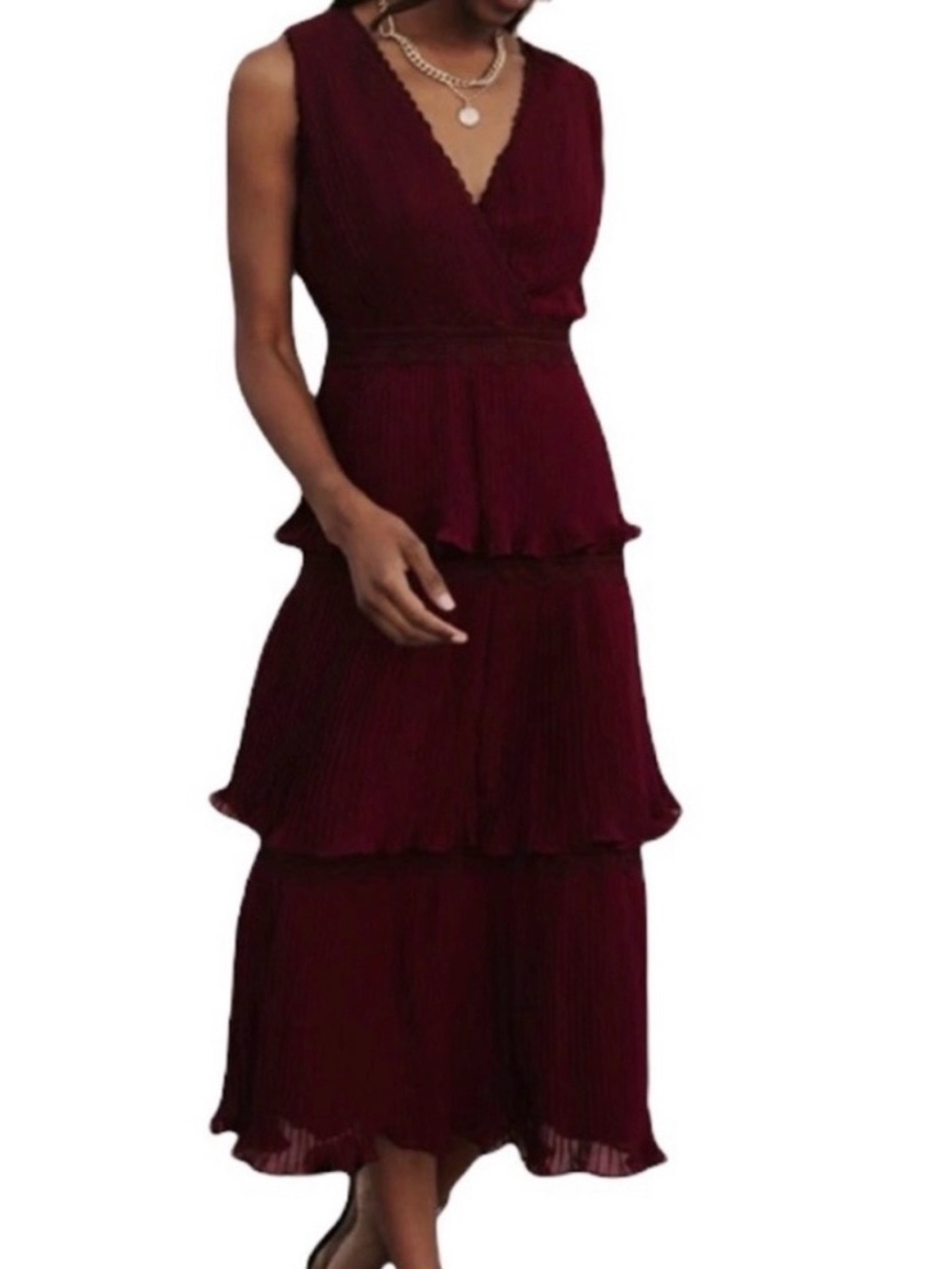 Bohme Sleeveless Pleated Tiered Midi Dress in Deep Plum Sz XS